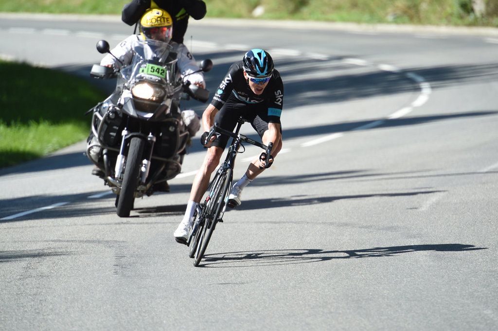 Chris Froome on a sweeping corner during the descent into Luchon