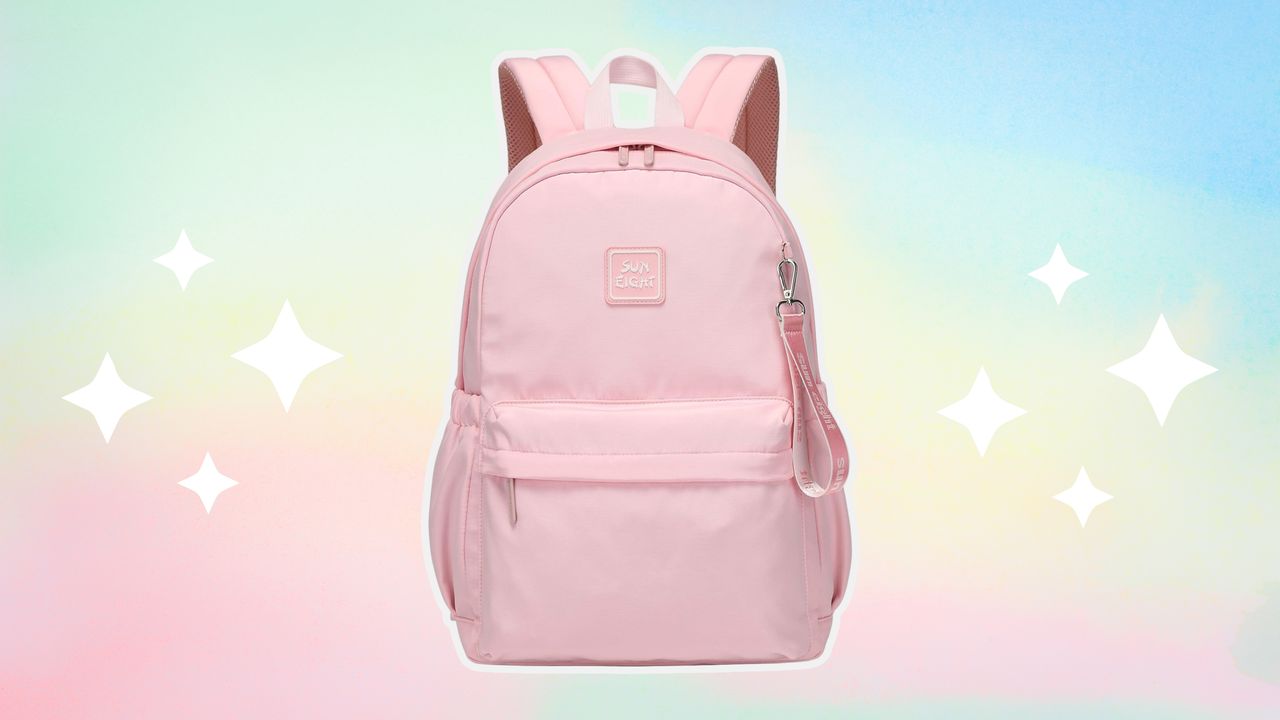 A rainbow pastel ombre background with a pink backpack in the center and white stars either side.