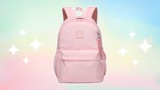 A rainbow pastel ombre background with a pink backpack in the center and white stars either side.