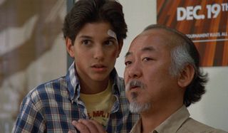 The Karate Kid Ralph Macchio and Pat Morita talking together