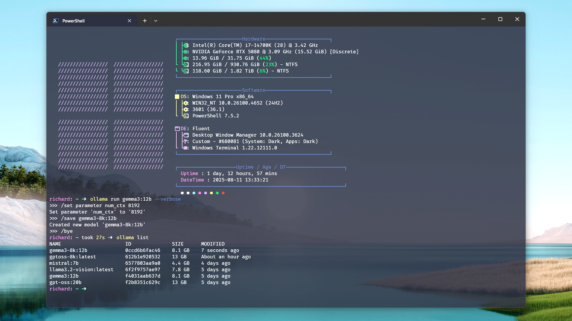 Setting a context length and saving a model using the Ollama CLI.