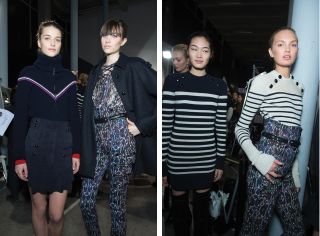 Image one - one woman wearing a black zip-up sweater and black skirt and one wearing a black jacket over a jumpsuit. Image two - one woman in a black and white striped dress and one wearing a black and white striped sweater over multicoloured trousers