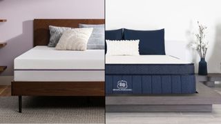 The Purple mattress next to the navy Brooklyn Bedding Aurora Luxe