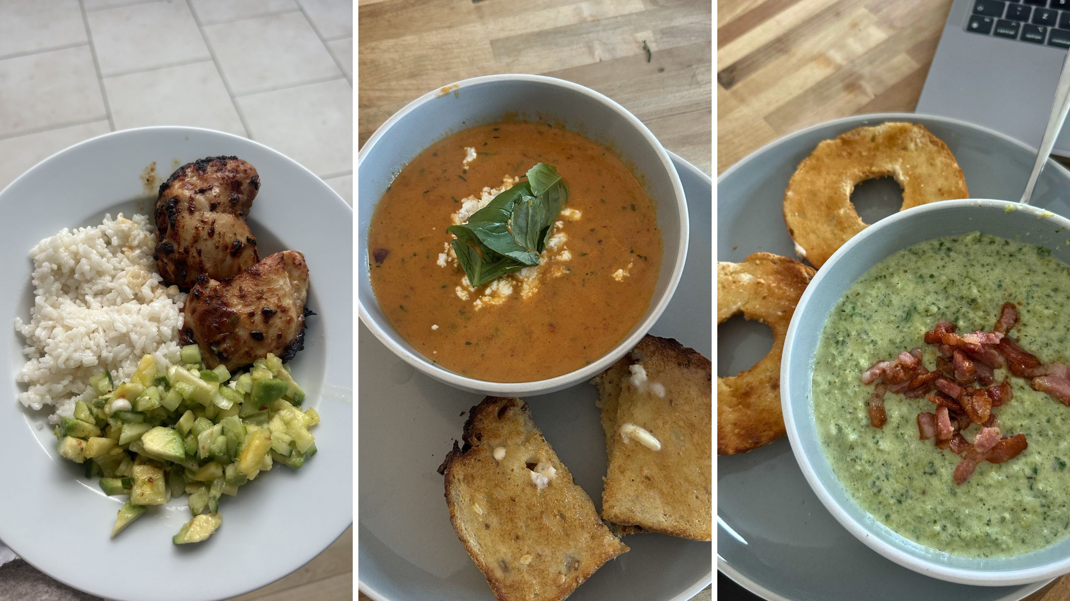 Three images of food, from left to right: A plate of chicken, white rice and avocado; a bowl of red soup with buttered toasted bread on the side; a bowl of green soup topped with bacon bits and a buttered bagel on the side
