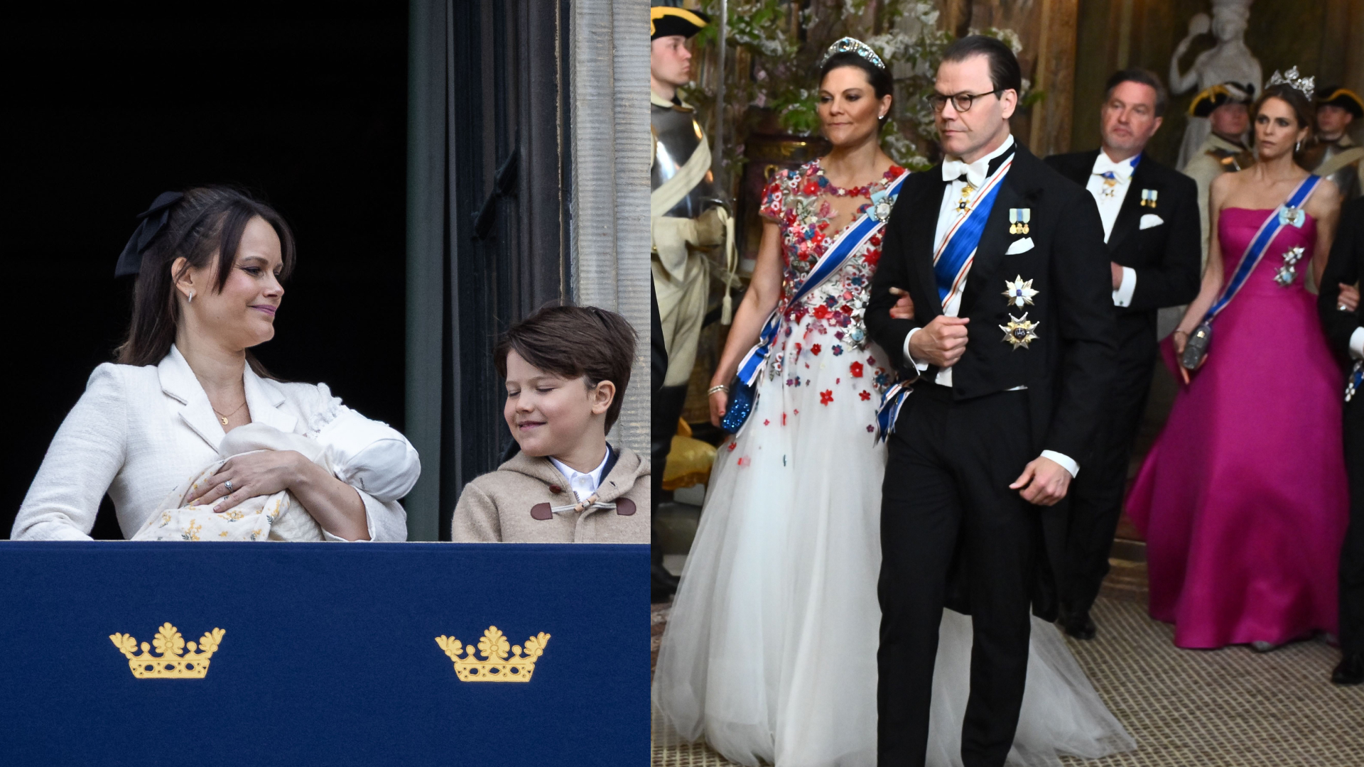 Princess Sofia holding Princess Ines standing next to Prince Alexander, and a photo of Crown Princess Victoria, Prince Daniel, Chris O'Neill and Princess Madeleine wearing tuxes and gowns
