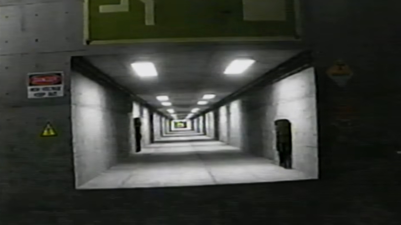 A pixelated shot of an underground corridor in The Backrooms