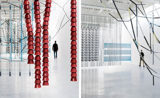 Images of hanging screens on display at an exhibition of work by Ronan and Erwan Bouroullec