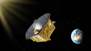 LISA pathfinder in space with Earth on the right, against a background of stars.