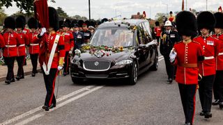The Procession following the coffin of Queen Elizabeth II, aboard the State Hearse, arrives at The Long Walk in Windsor