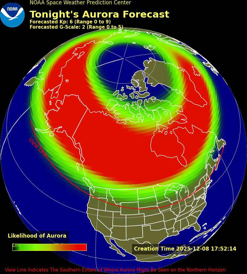 The NOAA Aurora Forecast for December 08, 2025