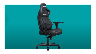 An image of a black AndaSeat Kaiser 4 XL against a teal background with a white border