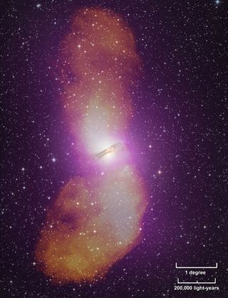 This radio, optical and gamma-ray composite illustrates the full extent of Cen A's vast radio-emitting lobes. Radio data (orange) reveal that the structures span more than 1.4 million light-years, and Fermi's LAT data (purple) show that they also emit gamma rays.