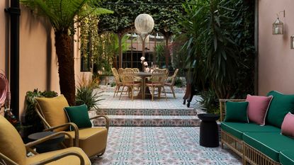 a small courtyard with a colorful scheme