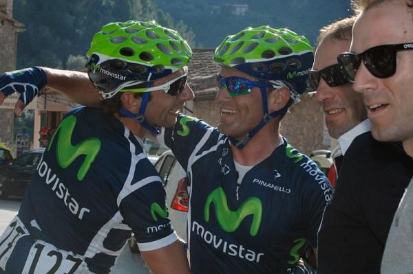 Jose Joaquin Rojas is congratulated by his Movistar teammate Xavier Tondo, left.
