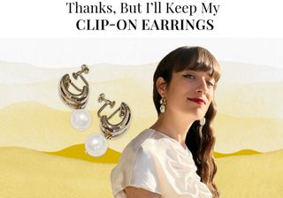 Graphic design art composed of a woman with clip-on earrings and a pair of large clip-on earrings next to her. Yellow water color element in the background. Copy says: "Thanks, But I'll Keep My Clip-On Earrings"