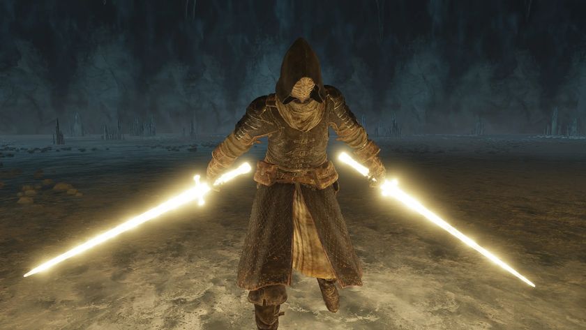 Elden Ring confessor wielding two glowing gold swords.