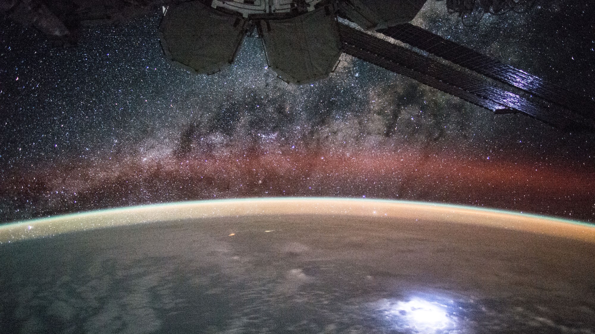 A photo taken from the International Space Station in 2012 shows airglow and the aurora.