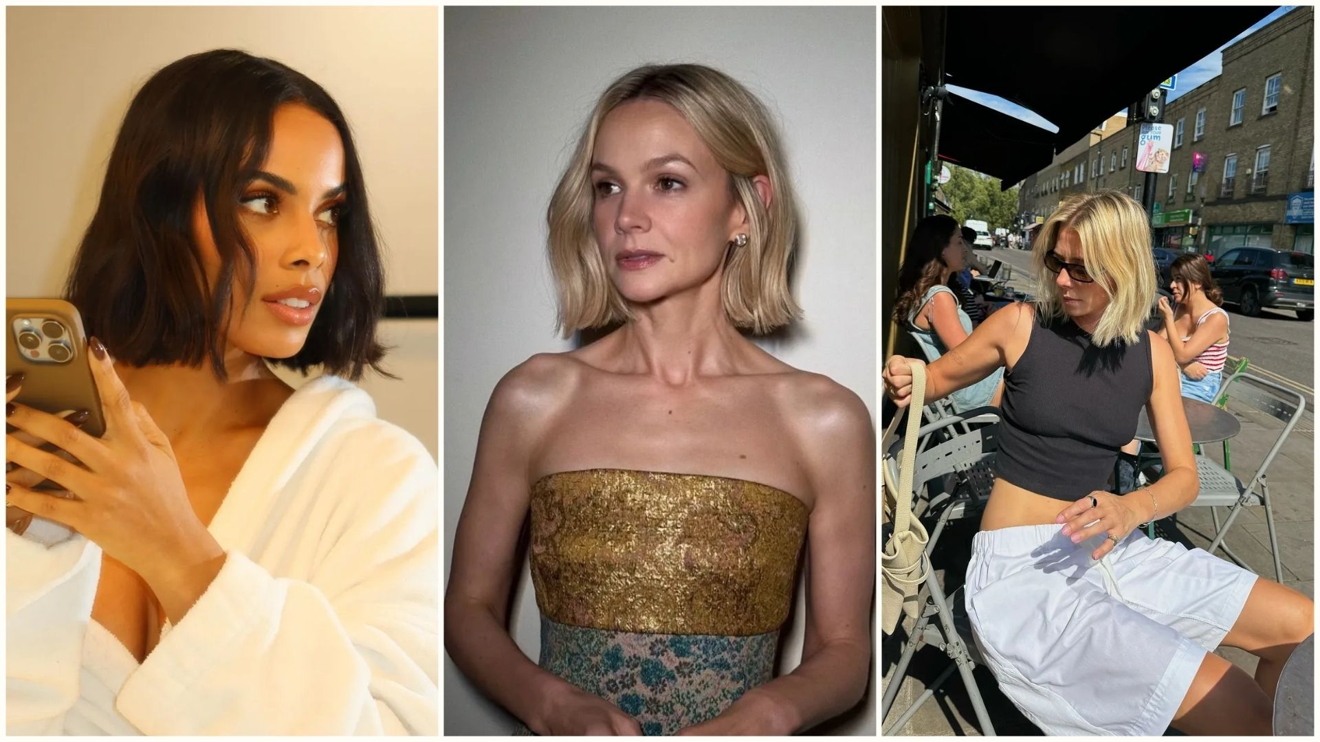 A collage of Rochelle Humes, Carey Mulligan and creator @lindseyholland_ with wavy bob hairstyles