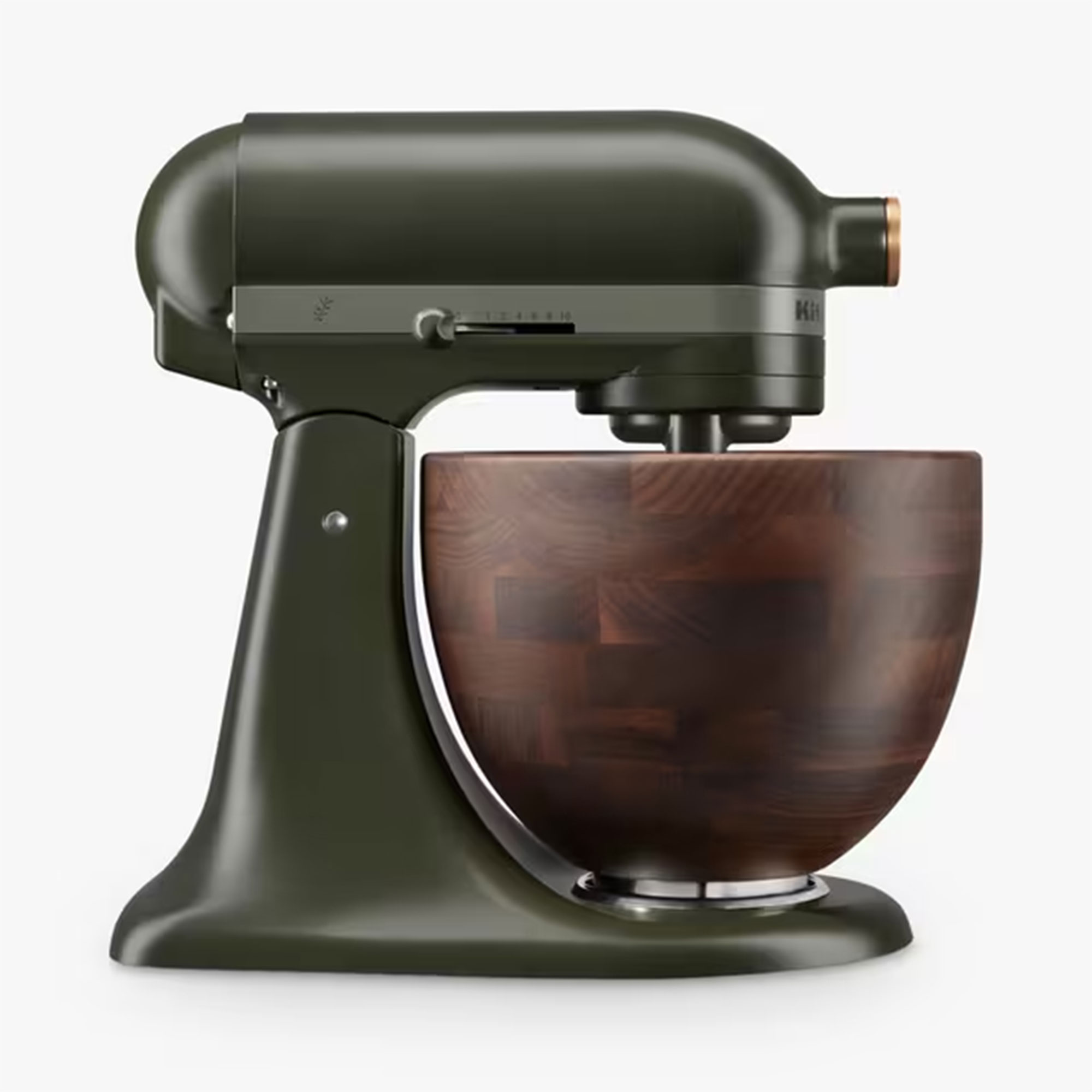 Dark green kitchenaid with wooden bowl