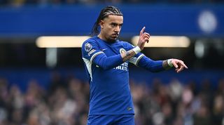 Malo Gusto gestures during Chelsea's Premier League game against Fulham in January 2024.