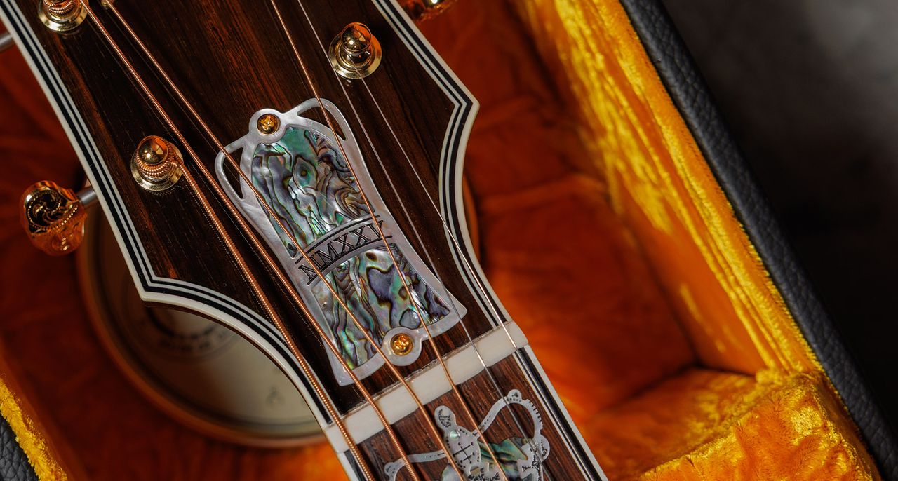 Gibson Custom SJ-200 Monarch #100: this stunning one-of-one jumbo is replete with all kinds of rococo flourishes, from the diamond and gold crown inlay on the headstock, to the 14k gold rope binding, Gibson calls it the "ultimate custom" acoustic and not without some justification.