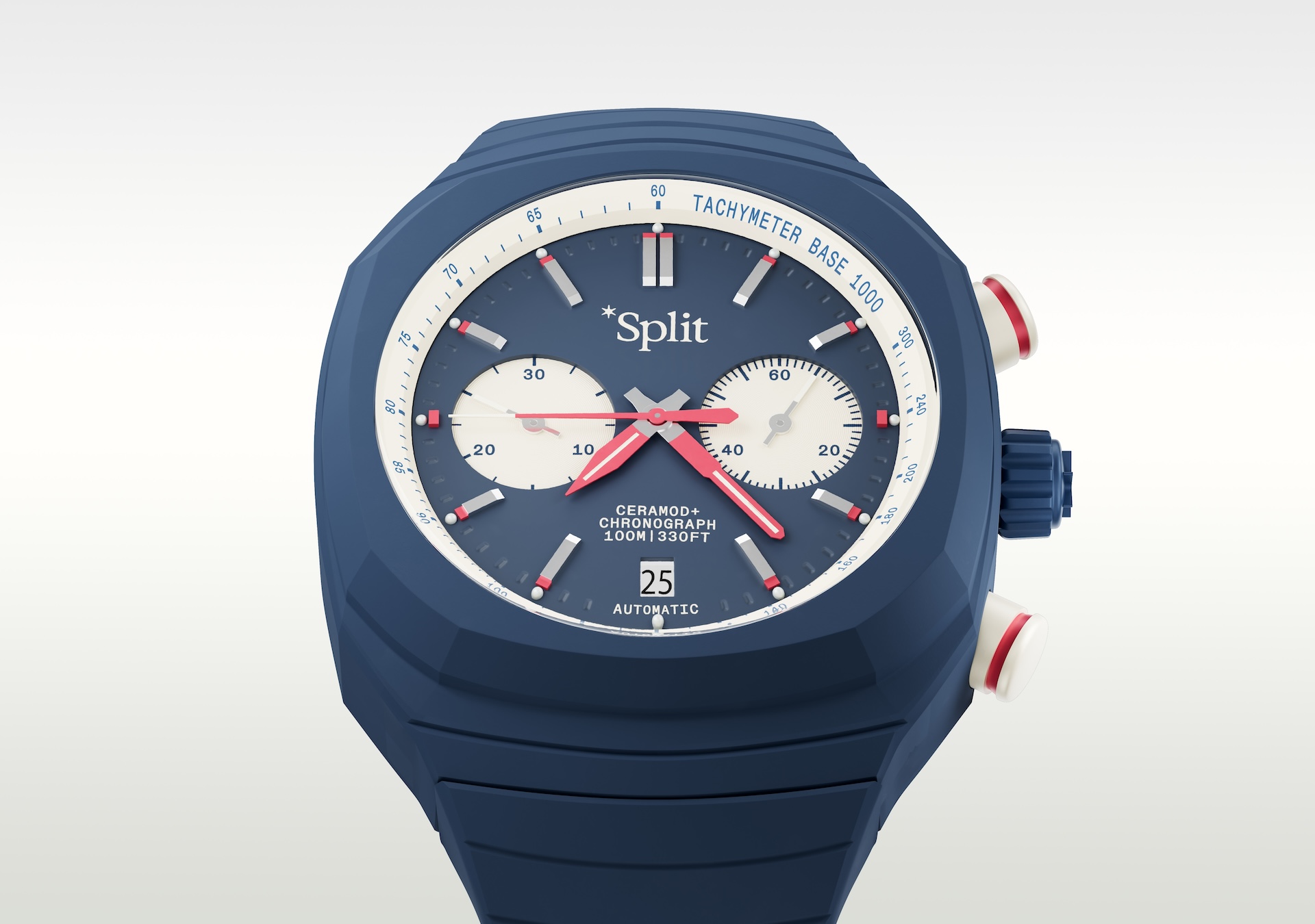 Split Watches in each colour, including black, cream and blue as well. Showing off the front and back for each colour