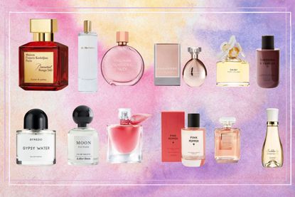 A collage of the best perfume dupes — including the top dupes for Chanel Coco Mademoiselle, Baccarat Rouge 540, Byredo Gypsy Water and more