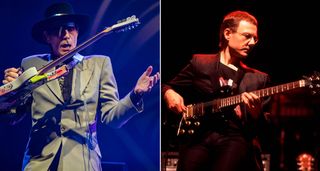 Steve Vai (left) holds his signature Ibanez JEM by the whammy bar as he performs classic King Crimson with BEAT; Robert Fripp (right), plays with King Crimson in 1984