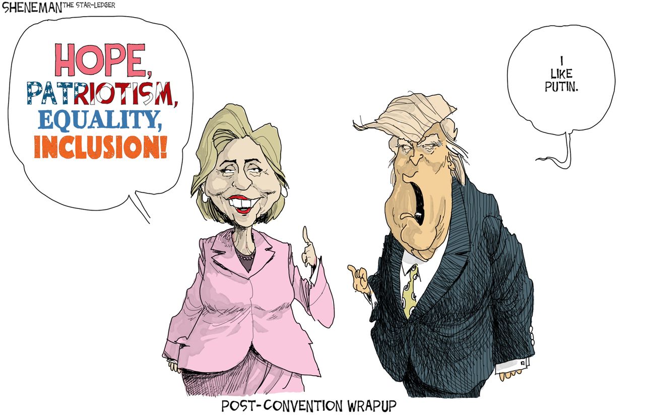 Political cartoon U.S. Hillary Clinton values Donald Trump Putin