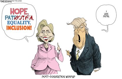 Political cartoon U.S. Hillary Clinton values Donald Trump Putin