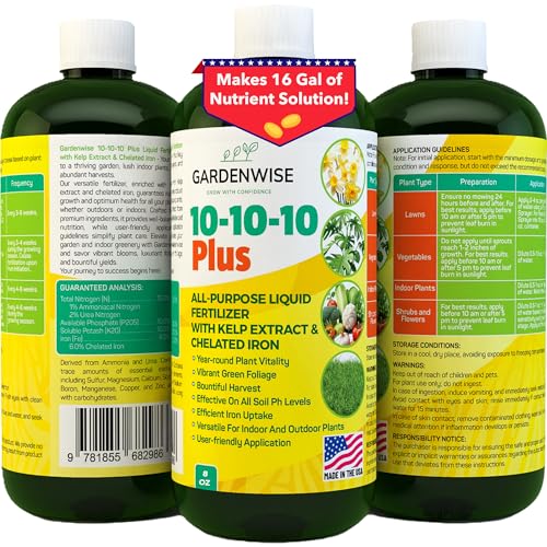 Gardenwise 10-10-10 All Purpose Plant Food - Liquid Fertilizer With Seaweed Kelp &amp;amp; Iron - Indoor &amp;amp; Outdoor Plant Food, Vegetables, Flowers, Lawn &amp;amp; Garden 1x8oz