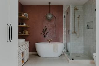 A bathroom with colored wall