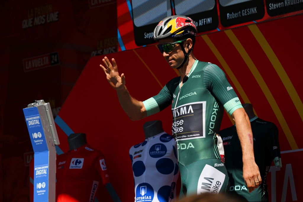 PONTEAREAS SPAIN AUGUST 27 Wout van Aert of Belgium and Team Visma Lease a Bike Green Points Jersey prior to the La Vuelta 79th Tour of Spain 2024 Stage 10 a 160km stage from Ponteareas to Baiona UCIWT on August 27 2024 in Ponteareas Spain Photo by Tim de WaeleGetty Images