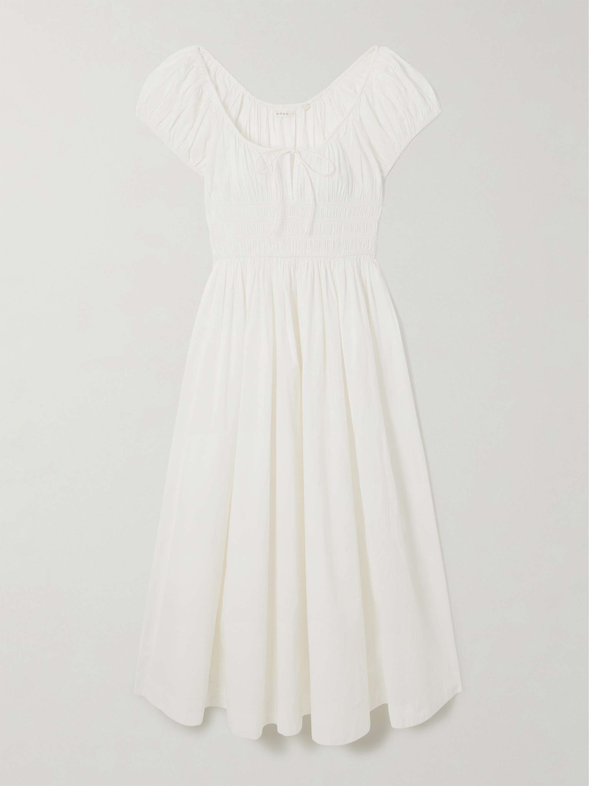 Quinn Tie-Detailed Shirred Organic Cotton-Poplin Midi Dress