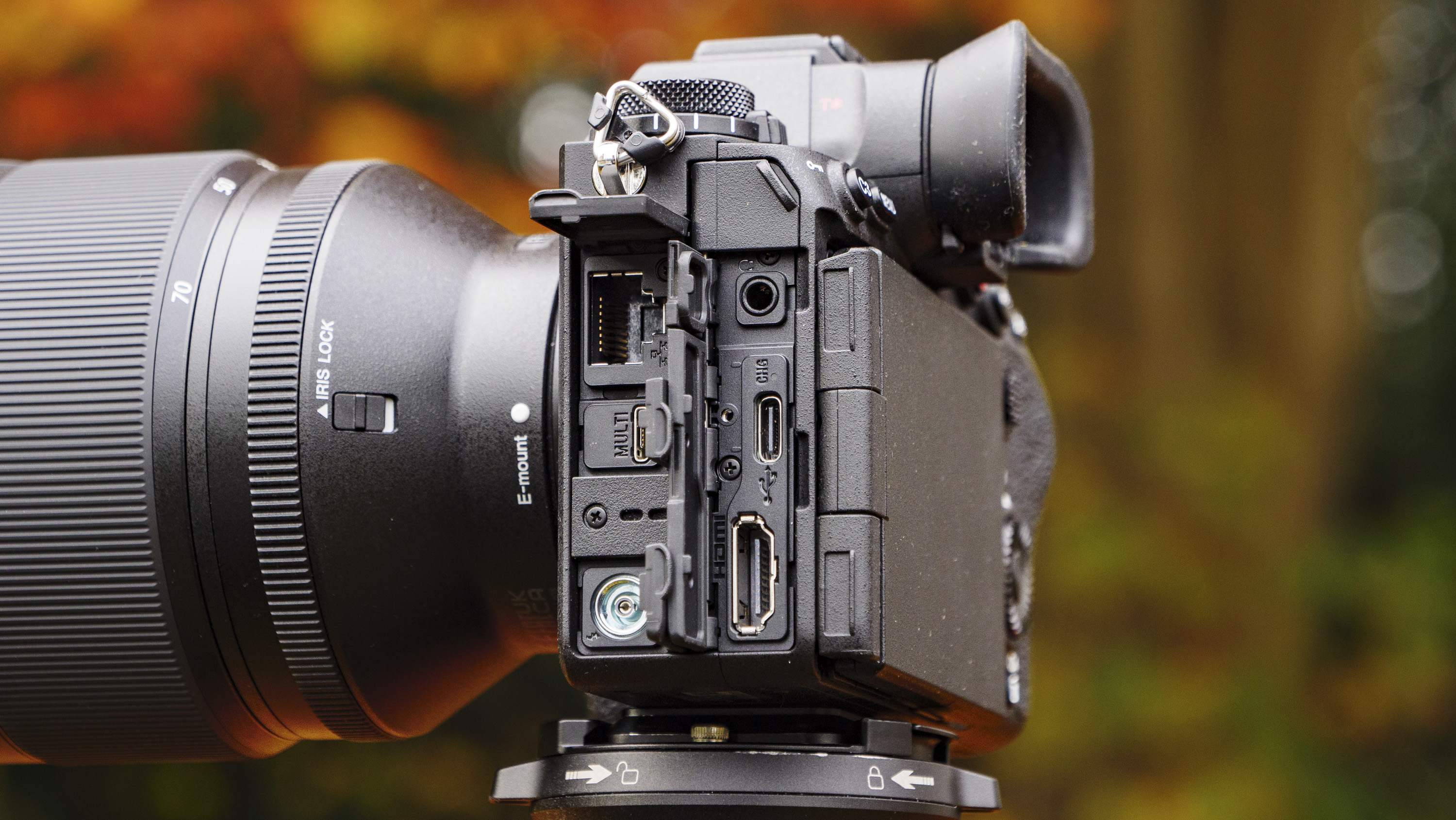 Closeup of the Sony A1 II mirrorless camera's ports, outdoors on a tripod with autumn leaves background