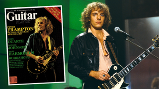 Peter Frampton with Blakc Les Paul next to his 1981 cover of Guitar Player magazine
