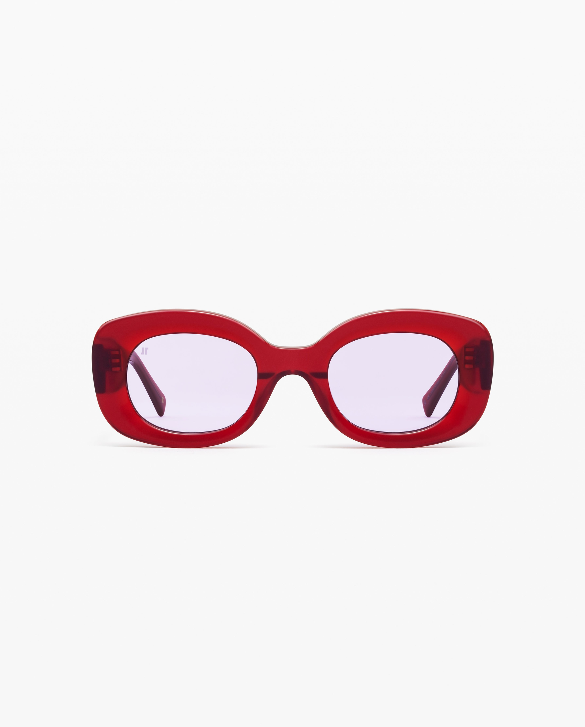 Red-framed sunglasses with pink lenses.