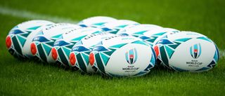 Official match balls are seen during Ireland's captain's run training session at the Tokyo stadium on October 18, 2019, on the eve of their quarter-final against New Zealand in the Japan 2019 Rugby World Cup.