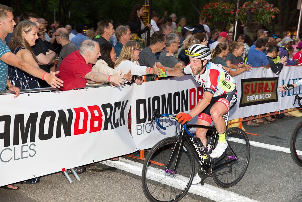 Givin' it up to the lively crowd in St. Paul during stage 2 at the North Star Grand Prix. Criteriums are one of America's best bike race offerings