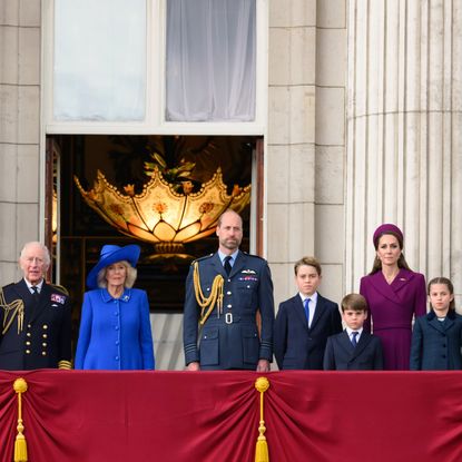 Prince William, King Charles, Queen Camilla and members of the Royal Family on the balcony at Buckingham Palace