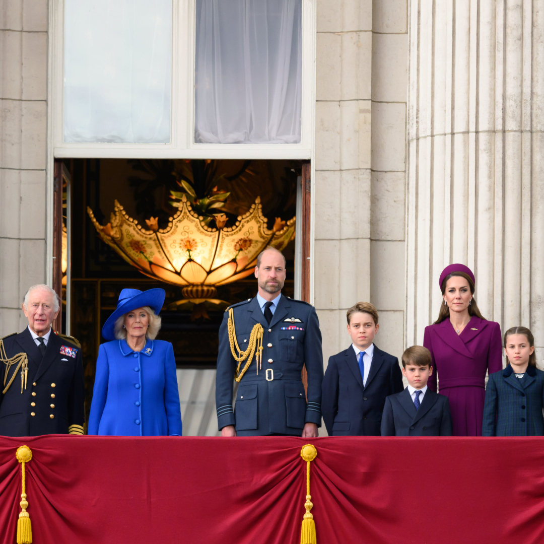Prince William, King Charles, Queen Camilla and members of the Royal Family on the balcony at Buckingham Palace
