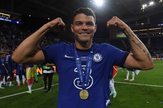 Thiago Silva celebrates Chelsea's Champions League final win over Manchester City in May 2021.
