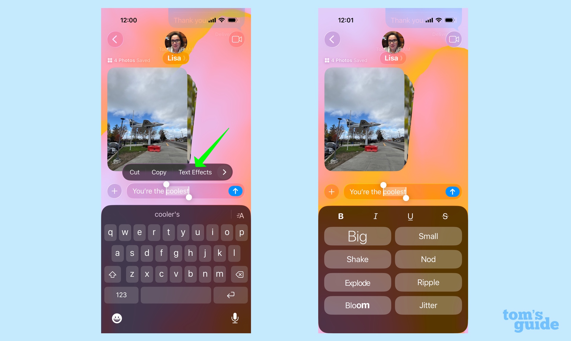 selecting text effects in iOS 26 Messages from the pop-up menu
