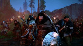 A group of warriors in medieval armor marches through a forest at dusk, wielding swords and shields. The scene conveys intense focus and determination.