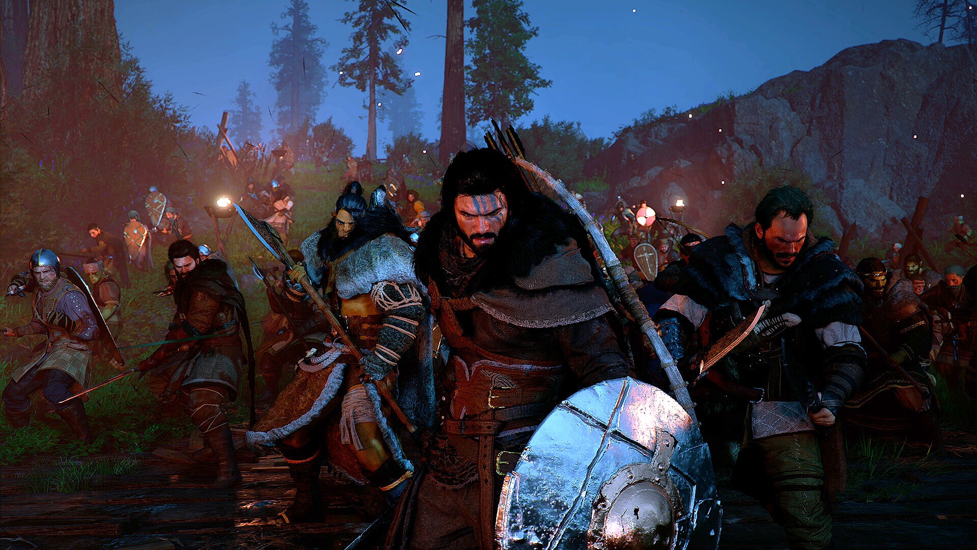 A group of warriors in medieval armor marches through a forest at dusk, wielding swords and shields. The scene conveys intense focus and determination.