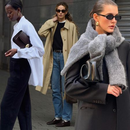 fashion collage of style influencers wearing elevated pieces including a white button-down shirt, trench coat, and chic accessories