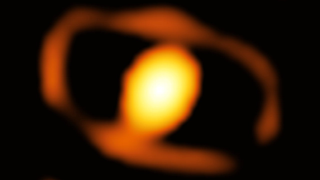 An orange ring with a misshapen yellow sphere at its center