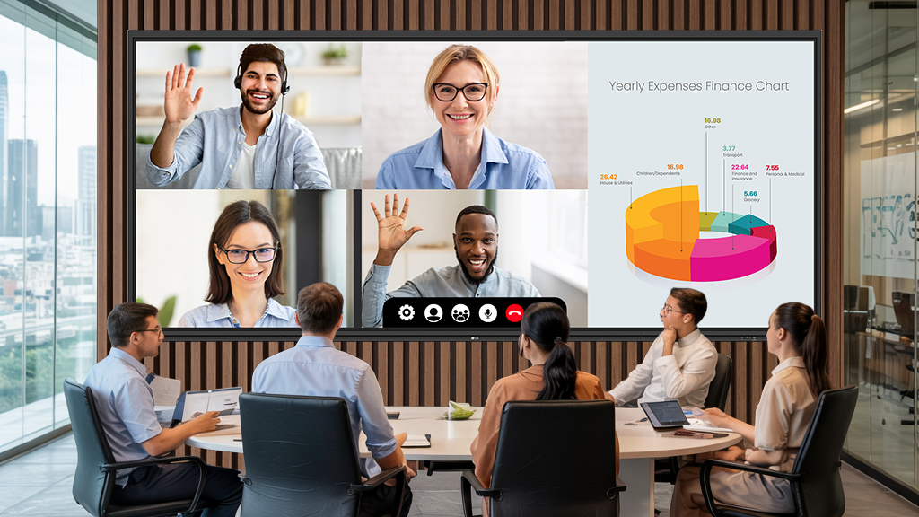 Five people surround a desk during a videoconference on a massive LG CreateBoard. 