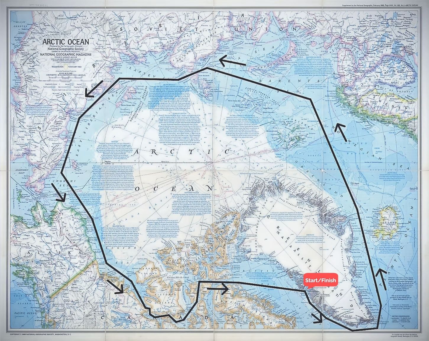 A map of the Arctic with arrows showing a circular sailing route.