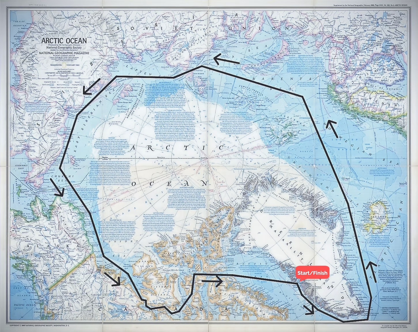 A map of the Arctic with arrows showing a circular sailing route.